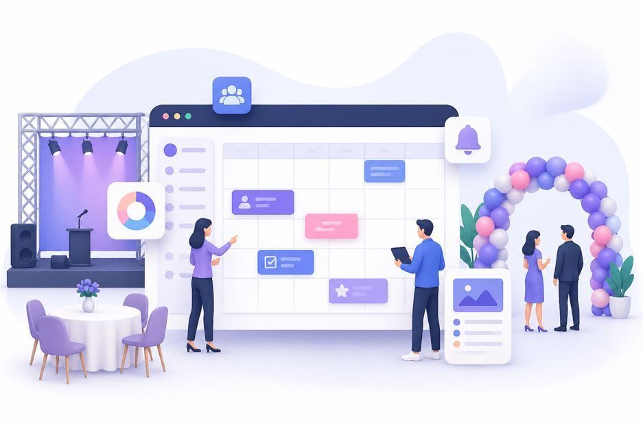 Personas presentando un evento digital en una pantalla grande