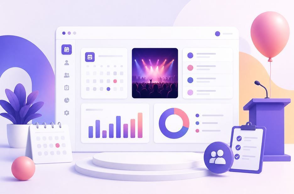 Panel de análisis en tonos pastel con gráficos, calendario y decoración con temática de globos.