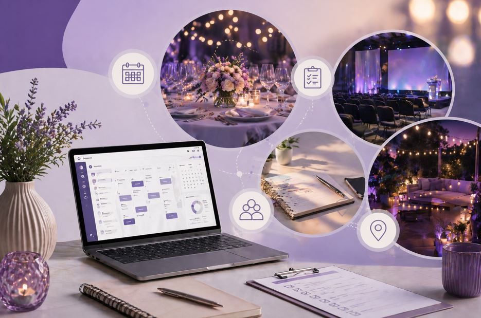 Espacio de trabajo morado para la planificación de eventos 
