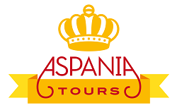 Un logotipo para Aspania Tours con una corona y una cinta amarilla.
