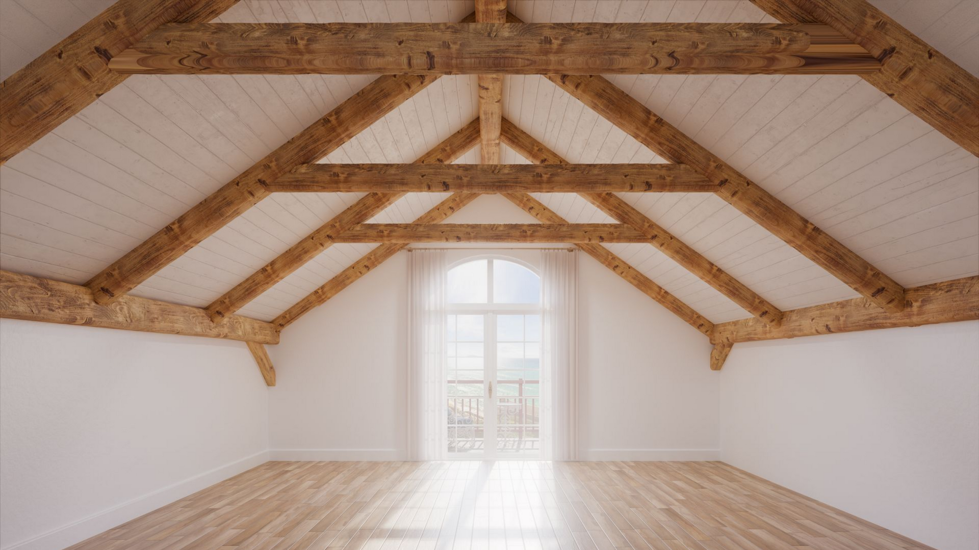 Pièce mansardée avec poutres apparentes, murs blancs, fenêtre cintrée et parquet.