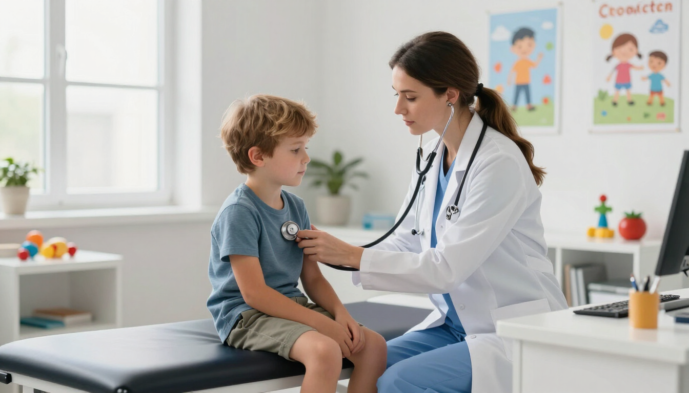 Un médico examina a un niño con un estetoscopio en una luminosa clínica pediátrica.