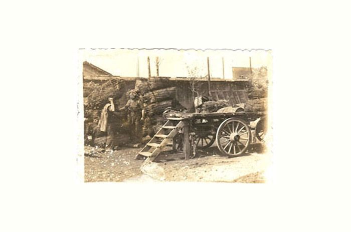 Una fotografía en blanco y negro de un carruaje tirado por caballos con una pila de troncos al fondo.