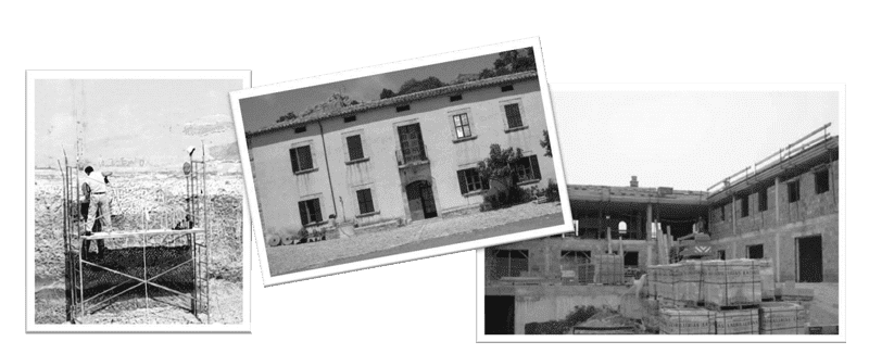 Tres fotografías en blanco y negro de un edificio en construcción, dispuestas en un collage.