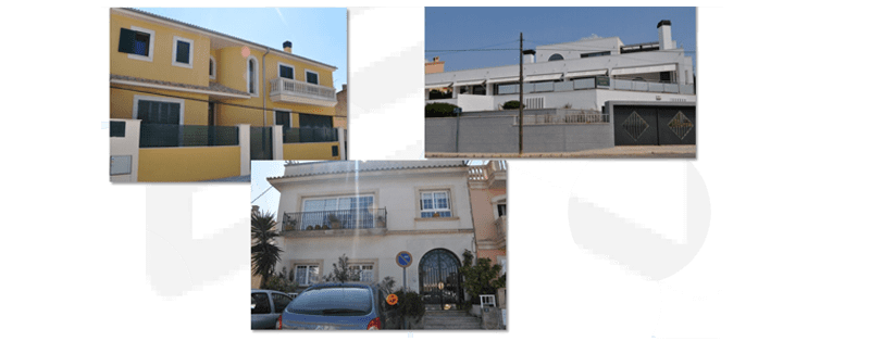 Tres fotos de edificios residenciales con coches aparcados delante.