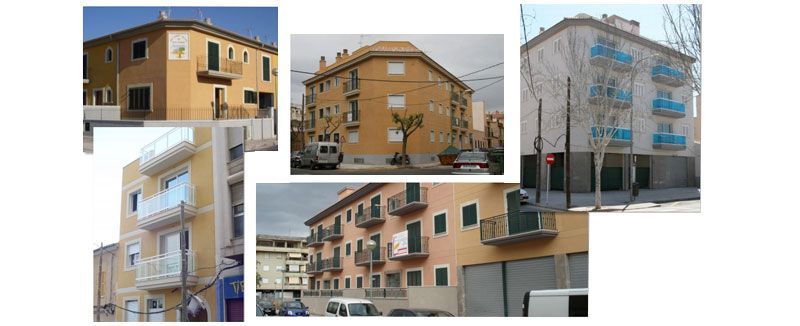 Collage de edificios de apartamentos con fachadas y balcones de color beige en un entorno urbano.