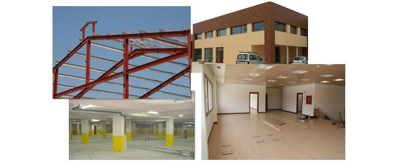 Collage de una estructura de acero rojo, un edificio de oficinas beige, un estacionamiento y una habitación interior sin terminar.