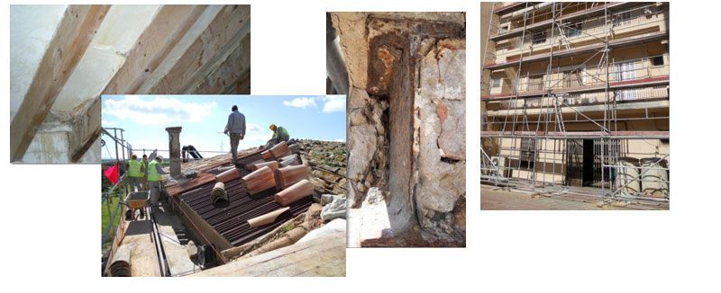 Collage de daños y reparaciones en el edificio: techo derrumbado, paredes al descubierto y fachada con andamios.
