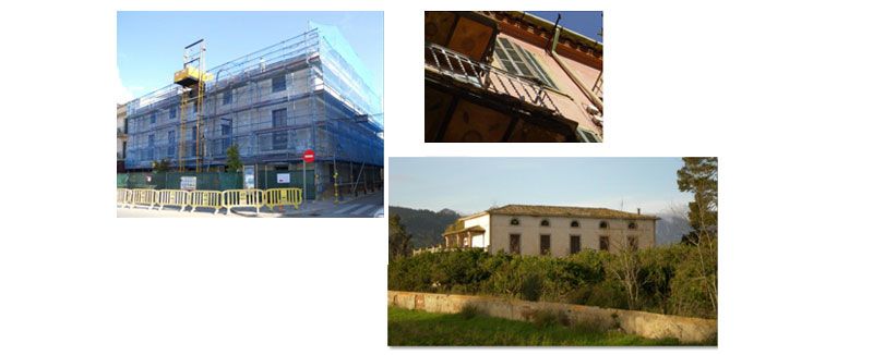 Collage de tres fotografías de edificios: una obra en construcción con fachada de cristal, un detalle del tejado y un edificio beige rodeado de césped.