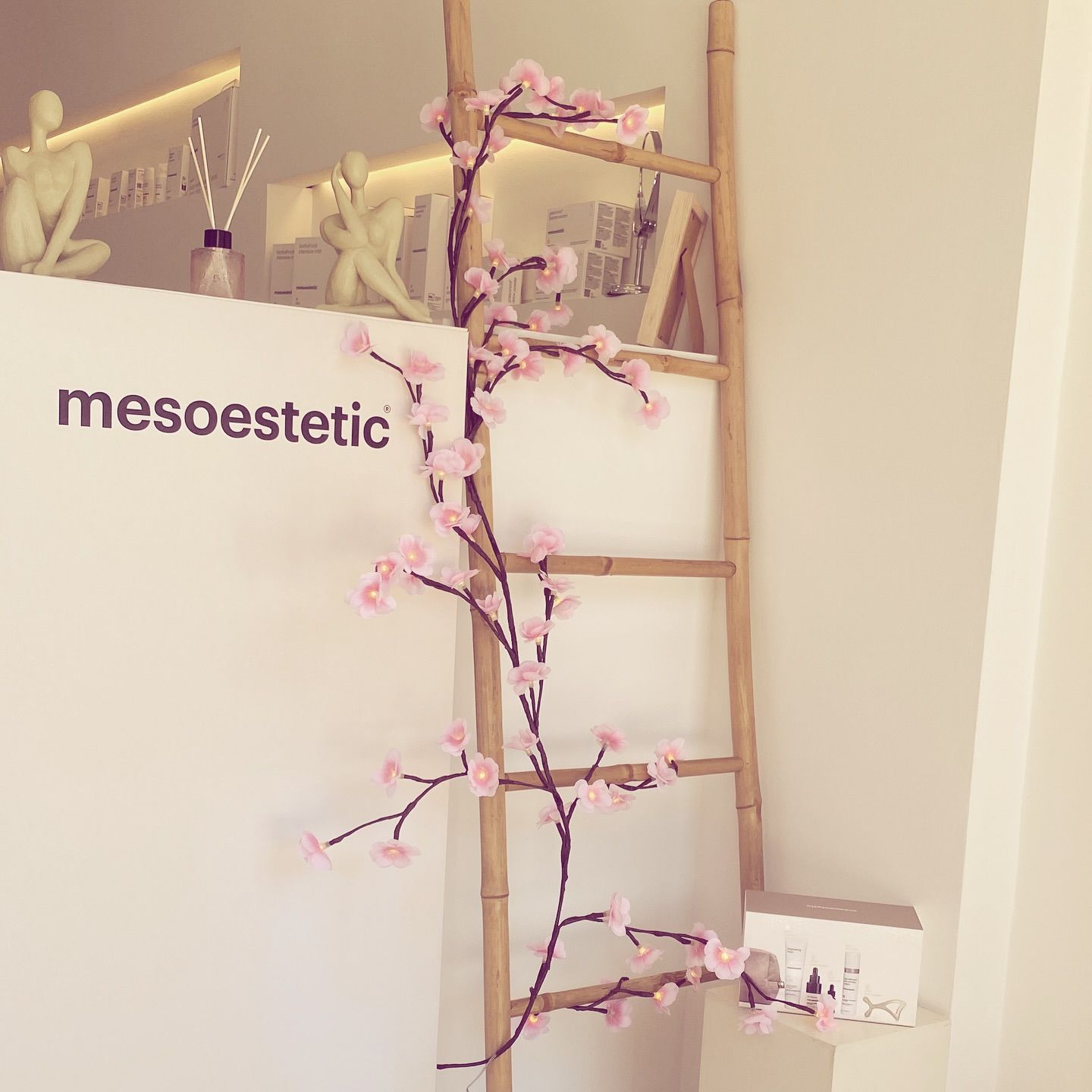 Letrero de Mesosestetic junto a una escalera de madera decorada con flores rosas en una habitación luminosa.