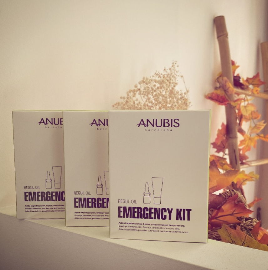 Tres cajas de botiquín de emergencia ANUBIS en un estante junto a hojas de otoño.