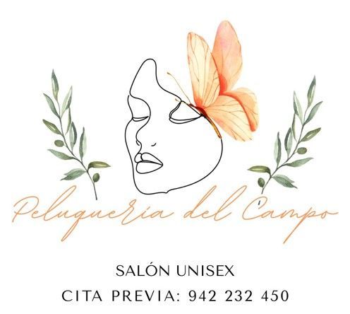 Logo: Line drawing of a face with butterfly, surrounded by leaves. Text: "Peluquería de Campo, Salón Unisex, Cita Previa: 942 232 450."