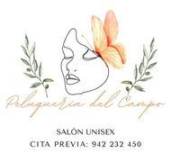 Logo: Line drawing of a face with butterfly, surrounded by leaves. Text: "Peluquería de Campo, Salón Unisex, Cita Previa: 942 232 450."