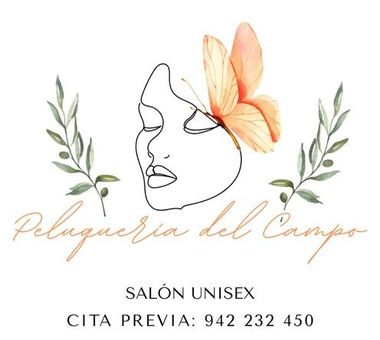 Logo: Line drawing of a face with butterfly, surrounded by leaves. Text: "Peluquería de Campo, Salón Unisex, Cita Previa: 942 232 450."