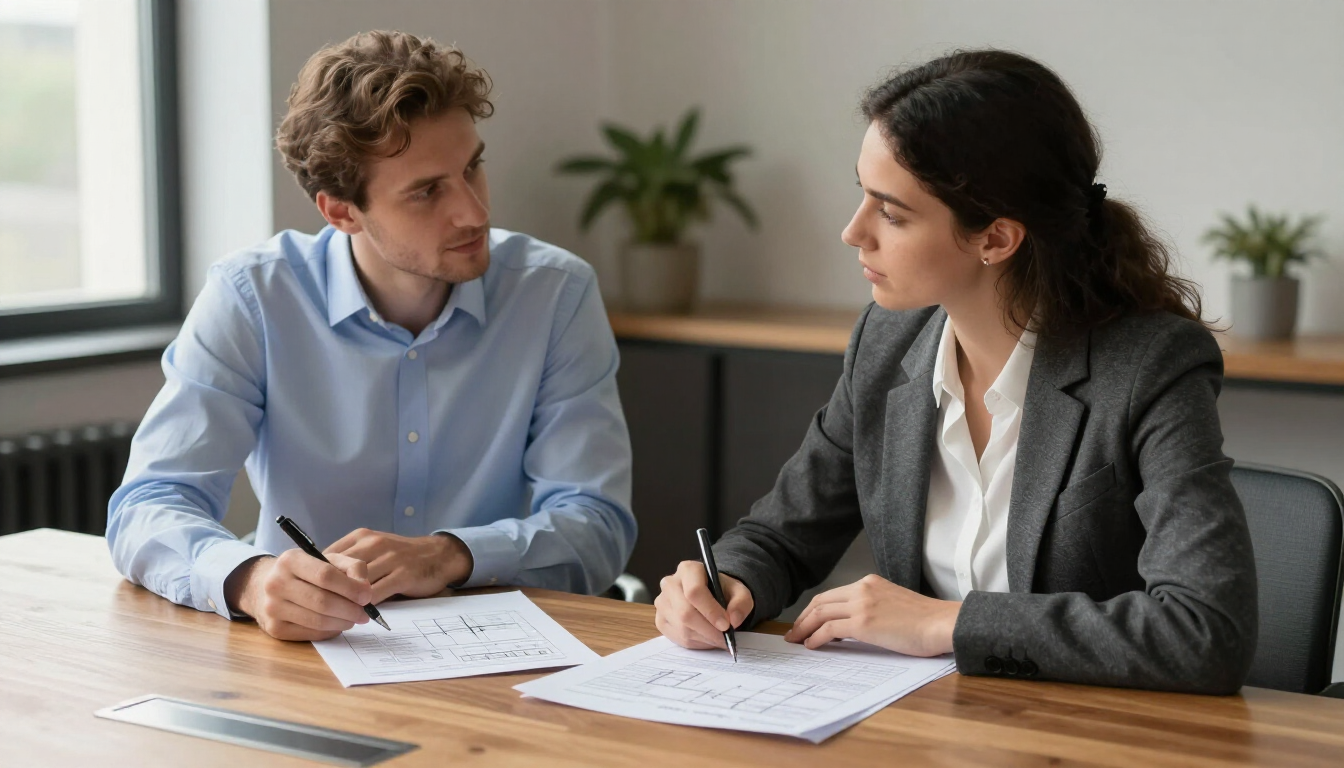 Interior de la clínica Playfisio; logotipo verde en la pared, paneles de madera, silla y mesa.