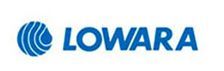 Un logotipo azul para Lowara sobre un fondo blanco.