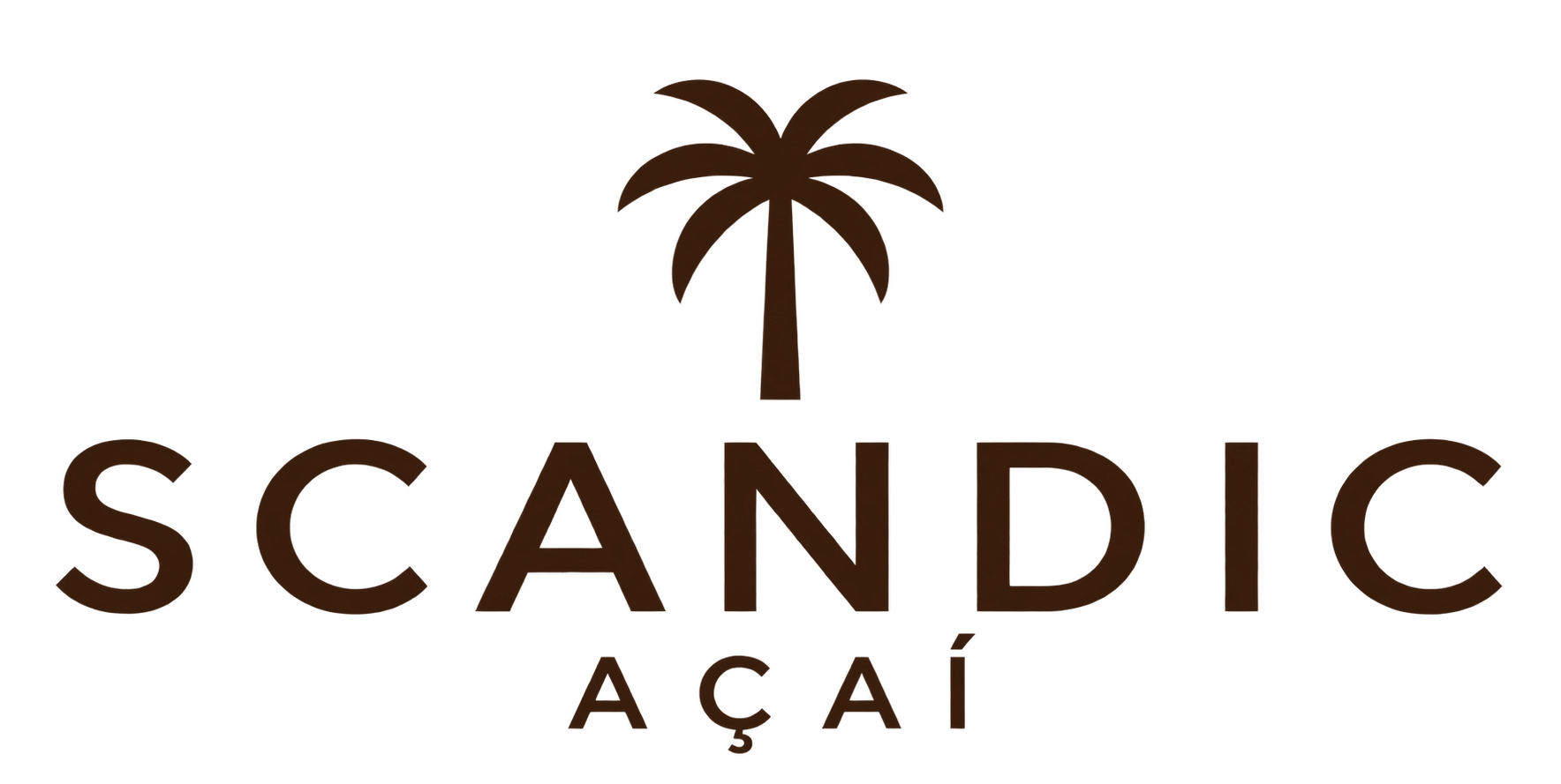 Logotipo de Scandic Açaí con una palmera marrón estilizada y texto sobre un fondo blanco.