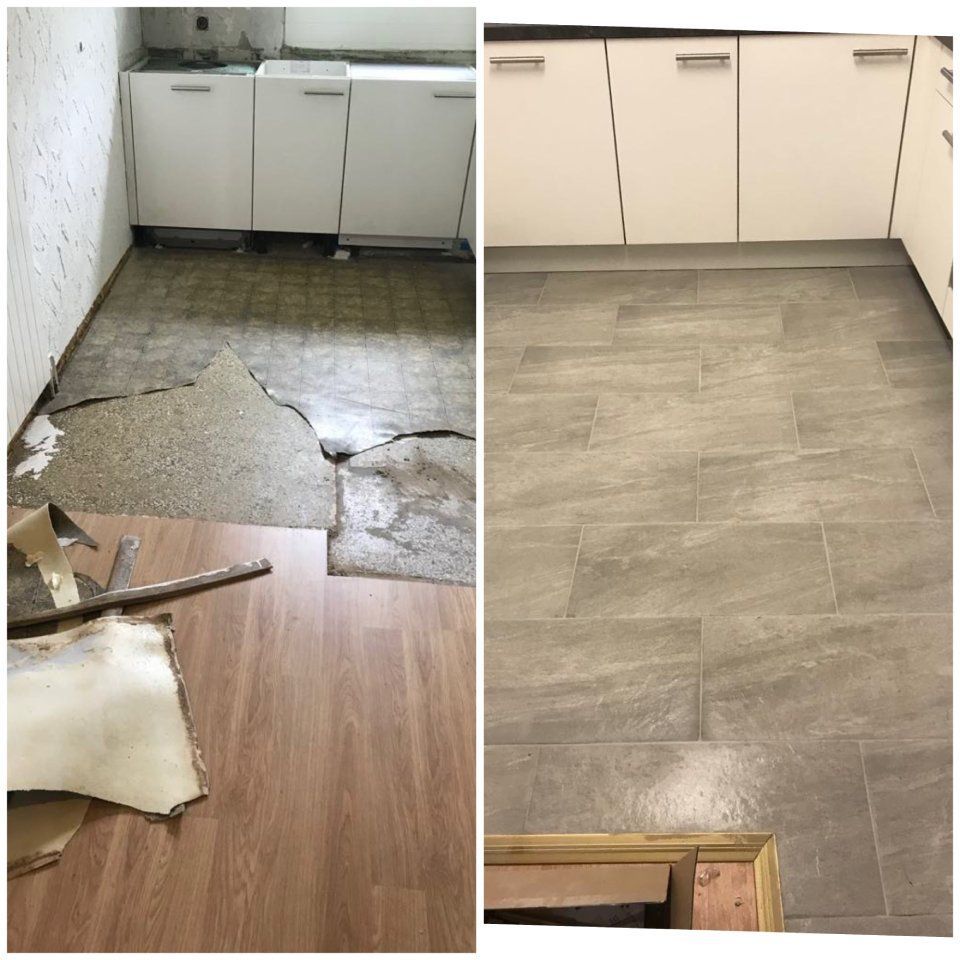 Ein Vorher-Nachher-Foto eines Küchenbodens