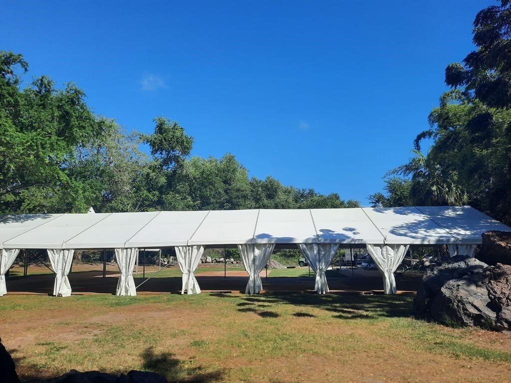 Plusieurs chapiteaux sur un terrain à côté de plusieurs arbres