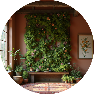 Una habitación con una pared cubierta de plantas y flores.