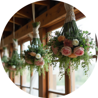 Un ramo de flores cuelga del techo de una habitación.