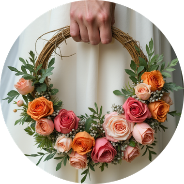 Una mujer con un vestido blanco sostiene una corona de flores.