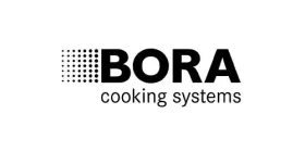 Logotipo de BORA con texto negro e icono cuadrado punteado, “sistemas de cocina” debajo sobre fondo blanco
