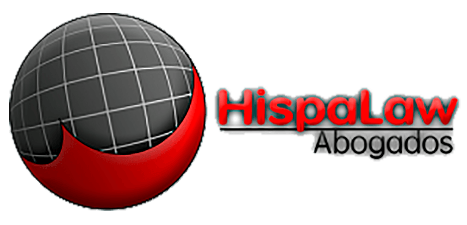 Logotipo de HispaLaw Abogados: globo terráqueo con media luna roja; “HispaLaw” en rojo; “Abogados” debajo.