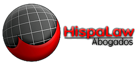 Logotipo de HispaLaw Abogados: globo terráqueo con media luna roja; “HispaLaw” en rojo; “Abogados” debajo.
