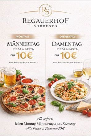 Regauerhof-Restaurantwerbung mit zwei 10-Euro-Pastagerichten, Bier und Speisentellern vor hellem Hintergrund