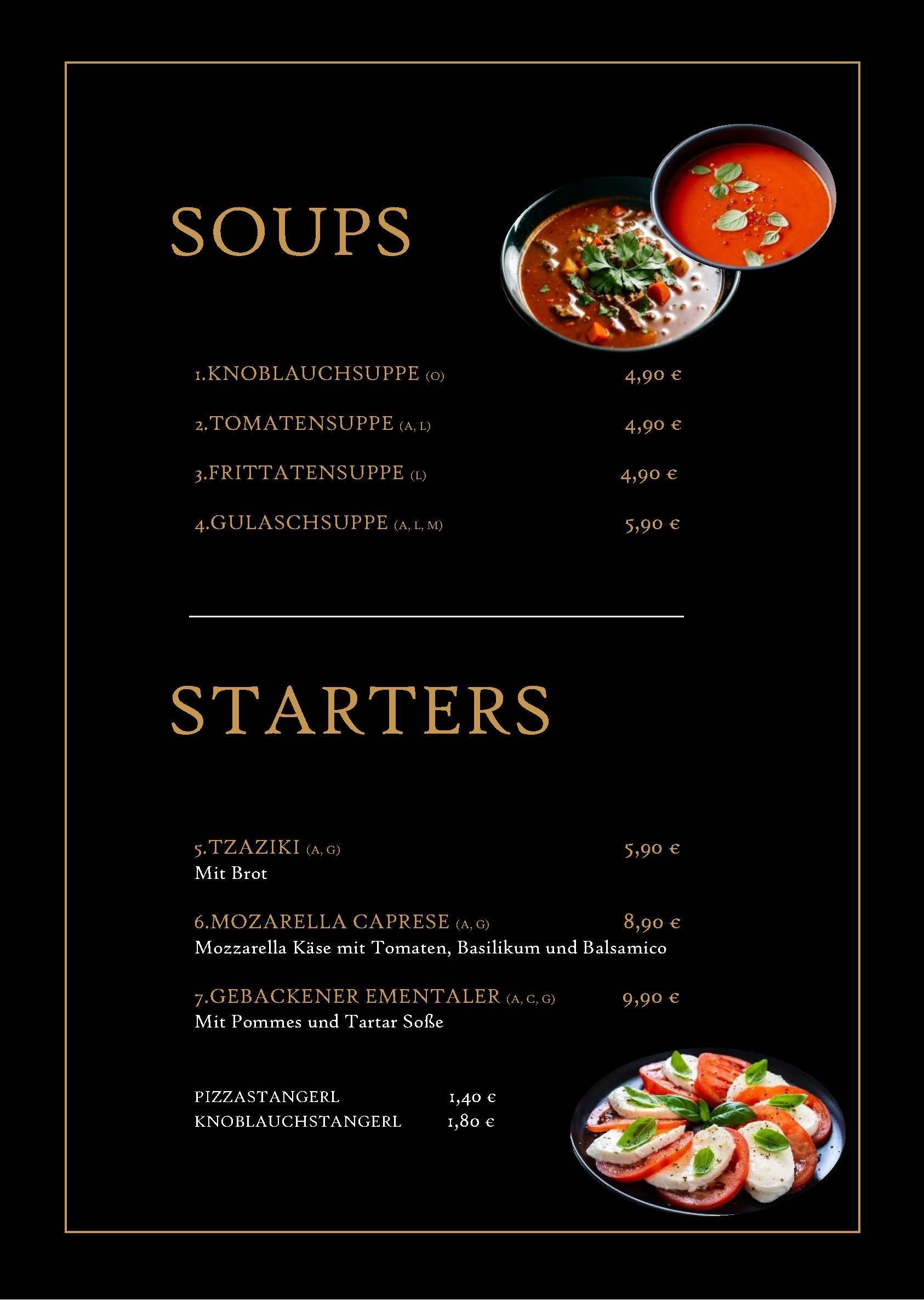 Speisekarte mit einer Liste von Suppen und Vorspeisen inklusive Preisen, in weißer Schrift auf schwarzem Hintergrund.