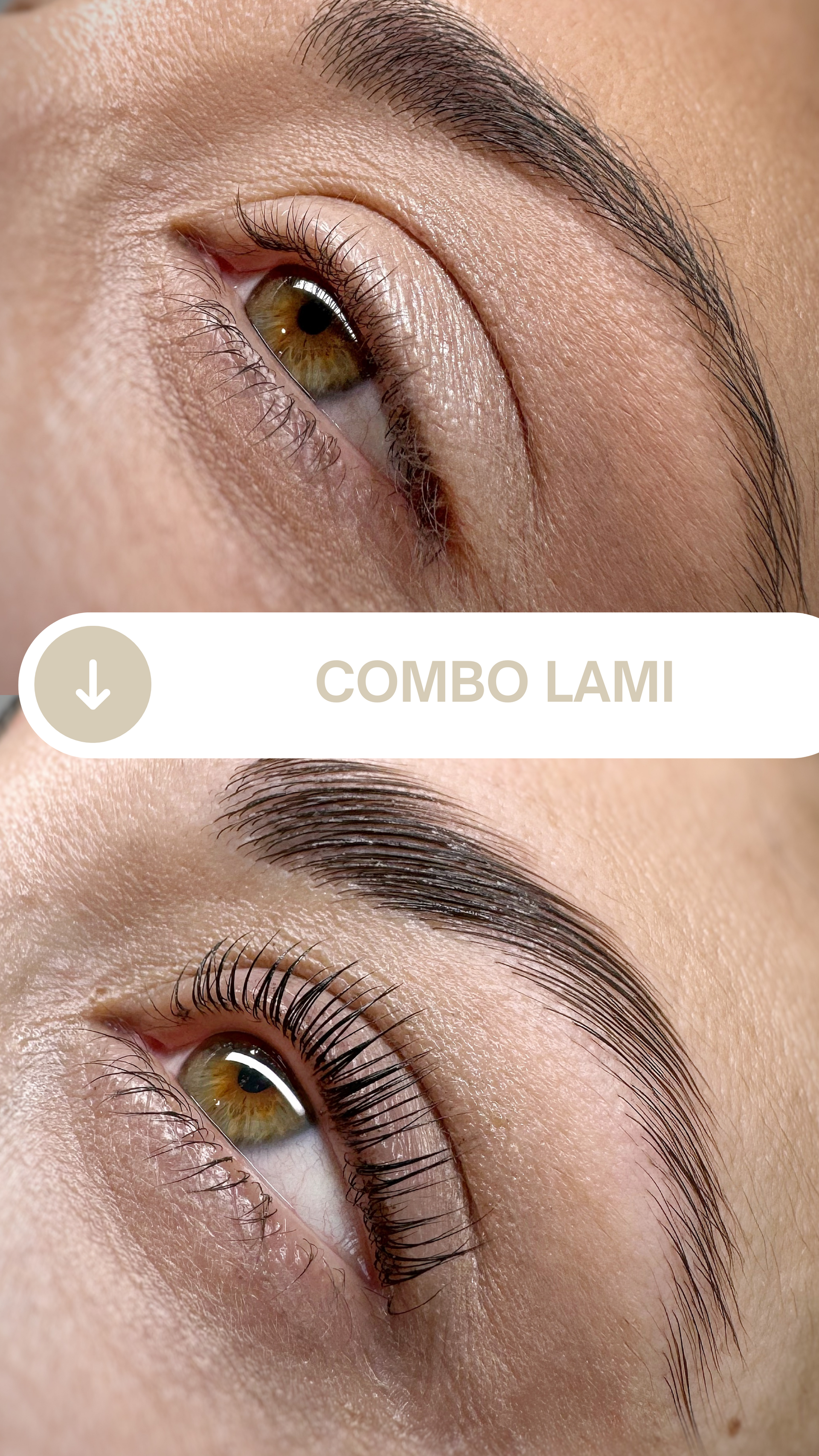 Una foto de antes y después de las cejas y pestañas de una mujer.