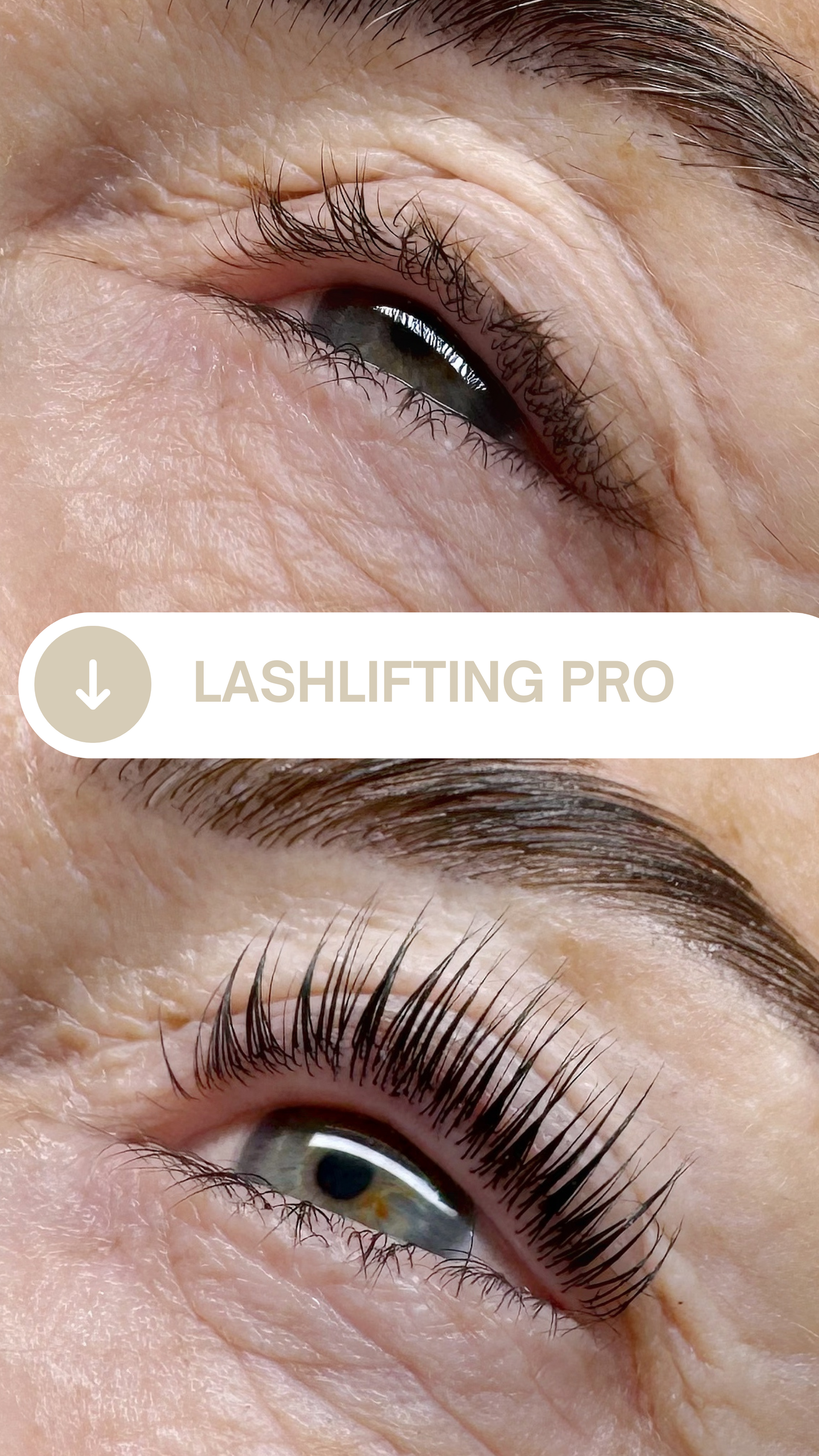 Una foto de antes y después del ojo de una mujer con lifting de pestañas profesional.