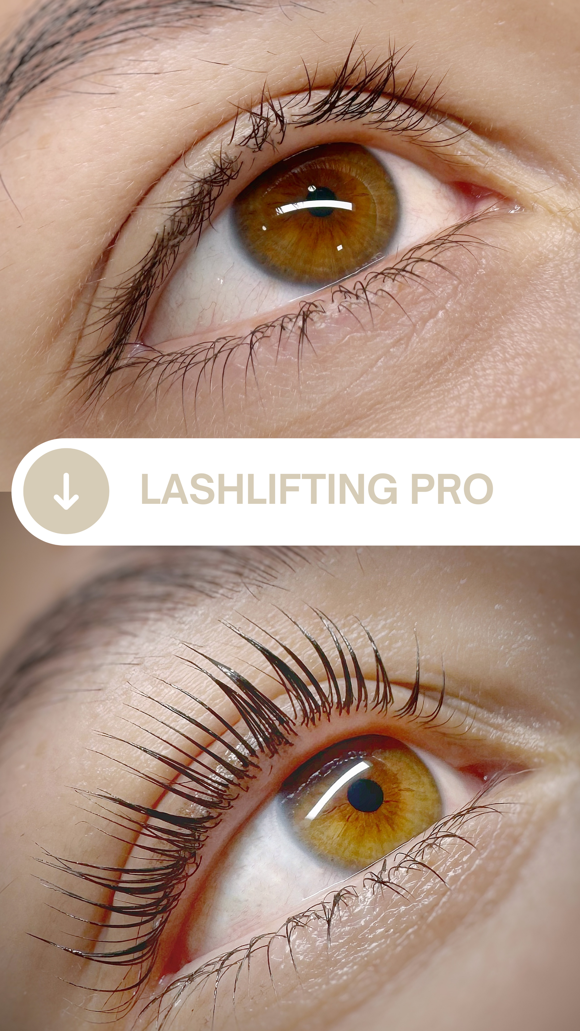 Una foto de antes y después del ojo de una mujer con lifting de pestañas profesional.