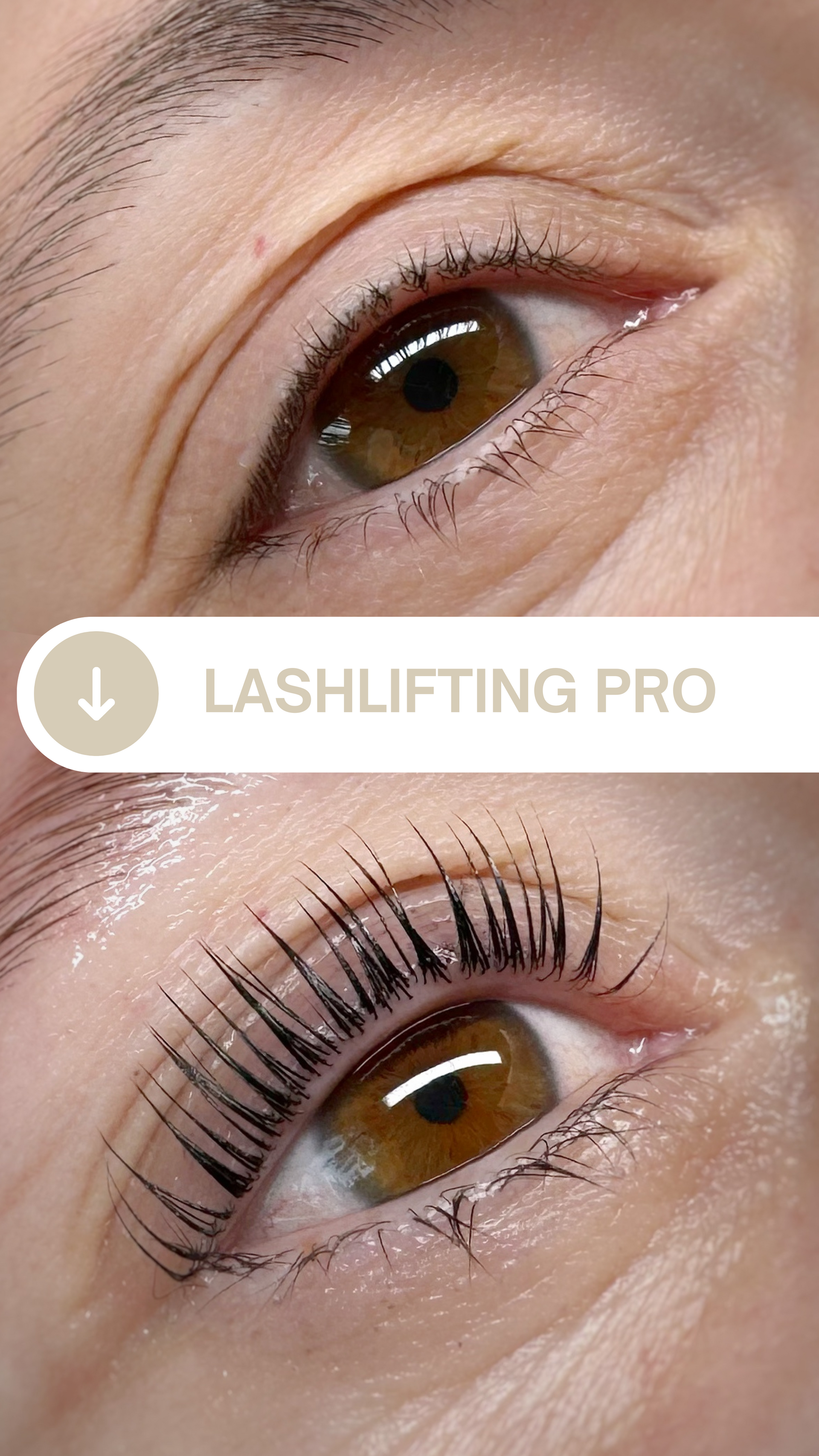 Una foto de antes y después del ojo de una mujer con lifting de pestañas profesional.