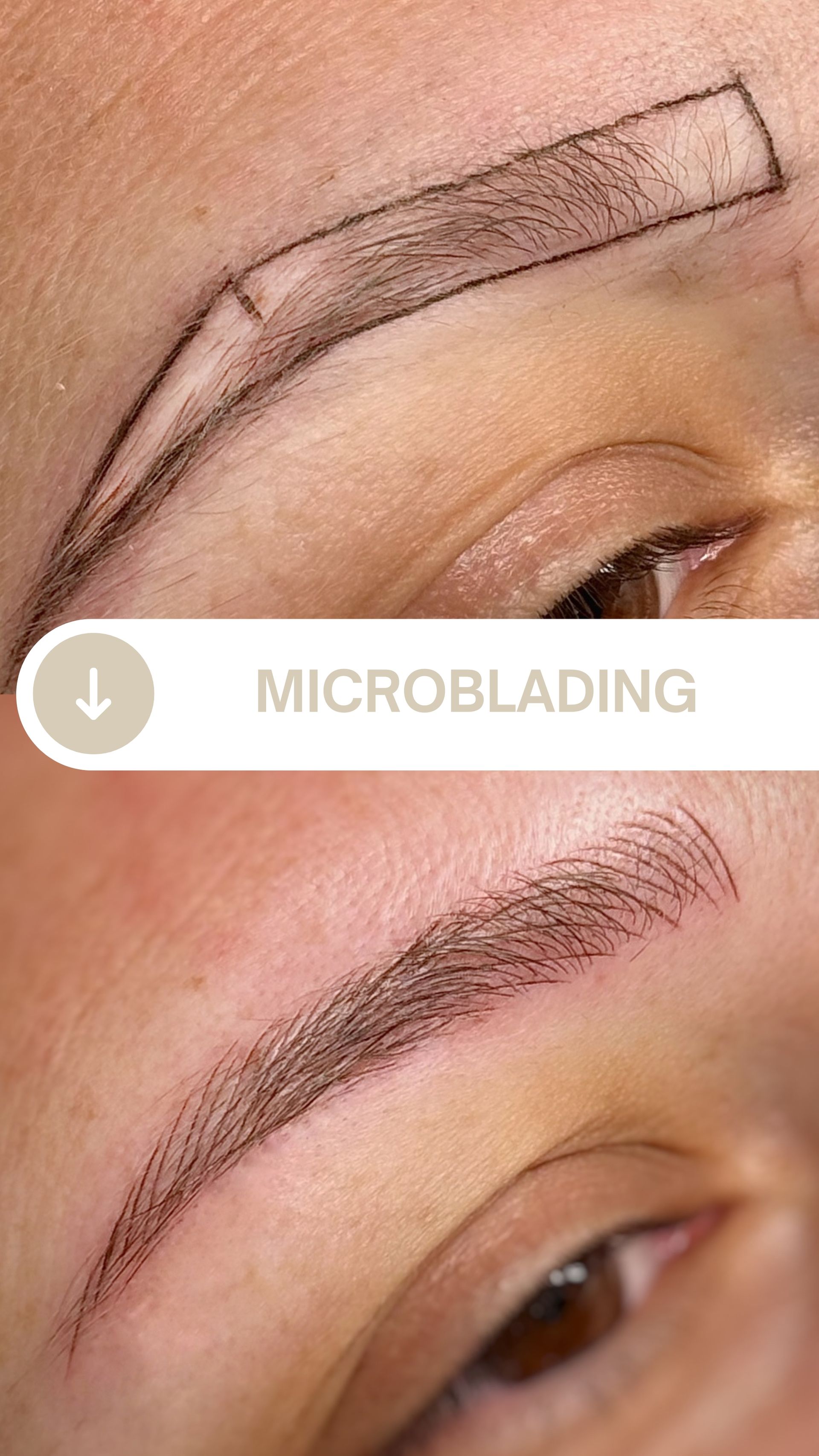 Un primer plano de las cejas de una mujer antes y después del microblading.