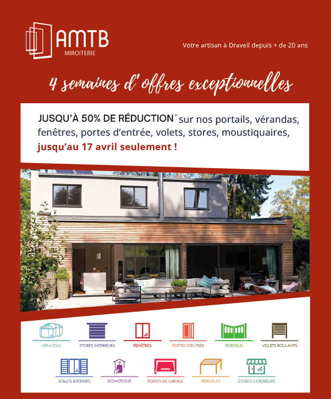 4 semaines d'offres exceptionnelles jusqu'à 50 % de réduction sur nos portails, vérandas, fenêtres, portes d'entrée, volets, stores, moustiquaires jusqu'au 17 avril seulement.