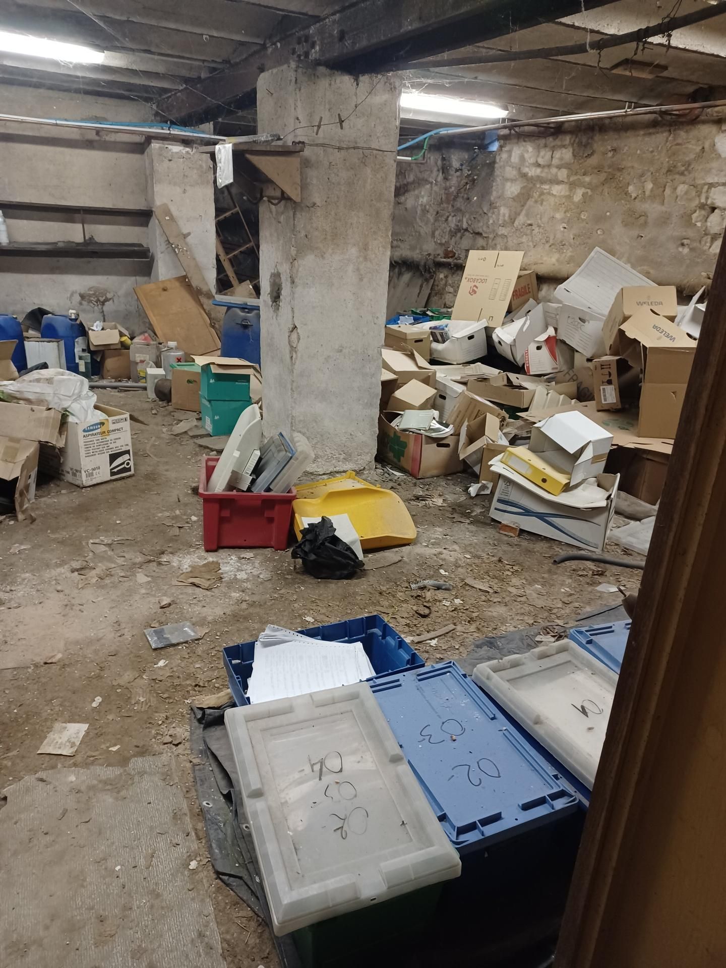 Sous-sol encombré de cartons, de poubelles et de débris. Pilier en béton et murs de briques apparentes. Ceci est avant l'intervention du professionnel.