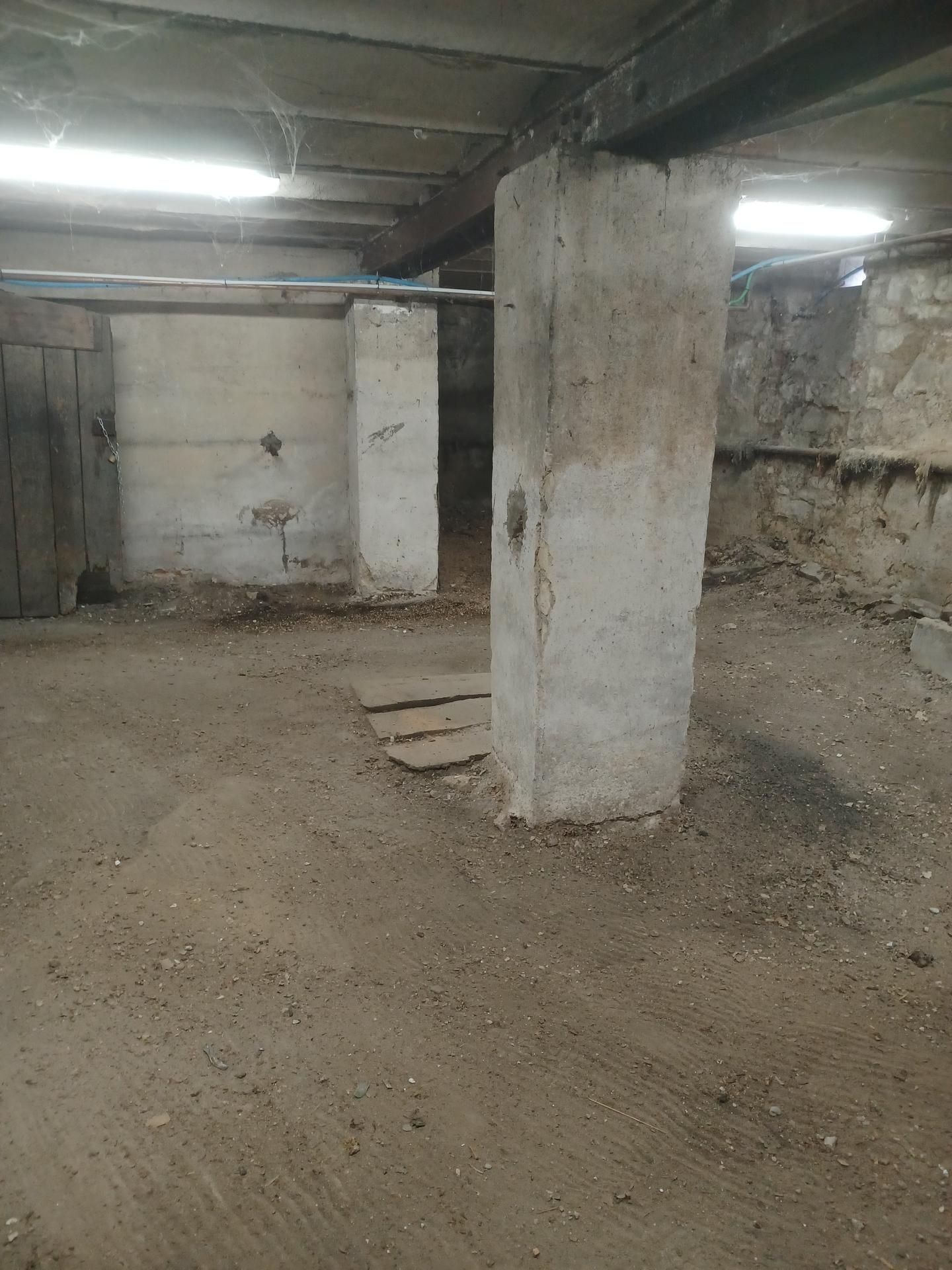 Un sous-sol faiblement éclairé avec des piliers de soutien en béton et un sol en terre battue. Ceci est après l'intervention du professionnel.