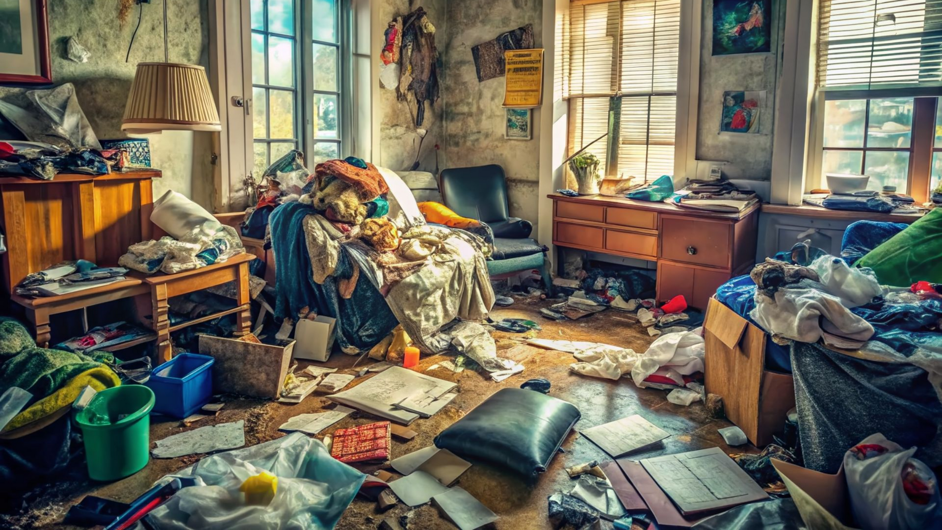 Pièce encombrée ; meubles surchargés d'objets, papiers, vêtements éparpillés sur le sol, lumière du soleil filtrant par les fenêtres.
