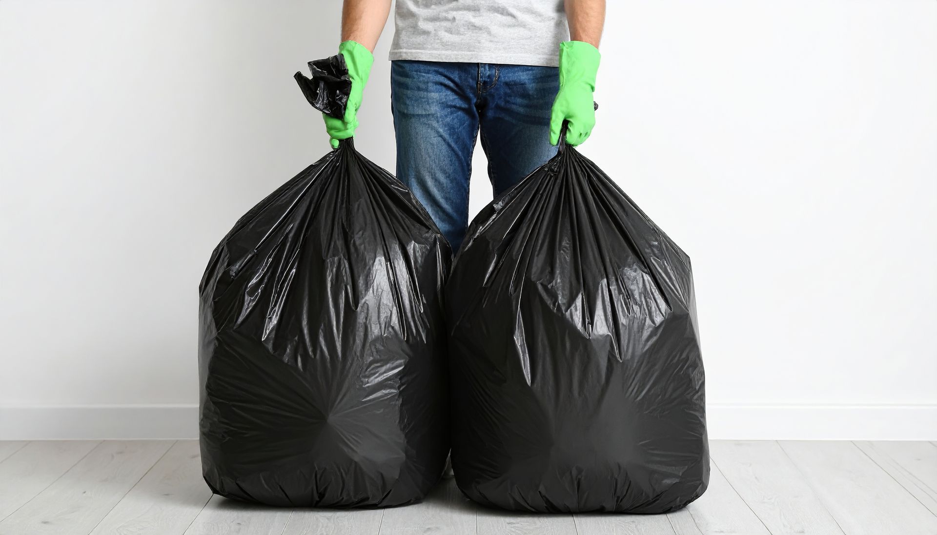 Personne en jeans et gants verts tenant deux grands sacs-poubelle noirs.
