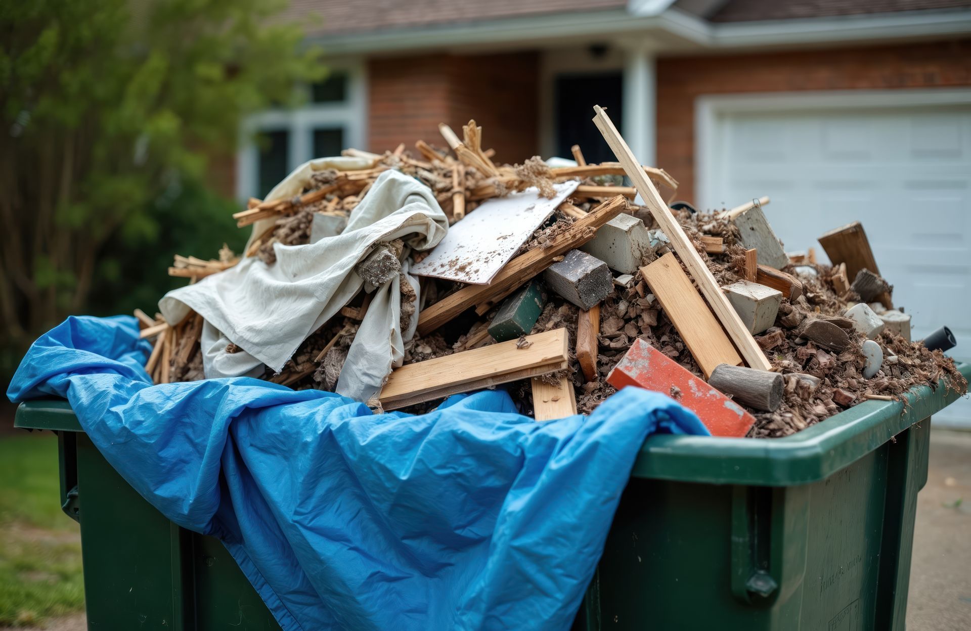 Une benne à ordures verte débordant de débris de construction, recouverte d'une bâche bleue en face d'une maison.