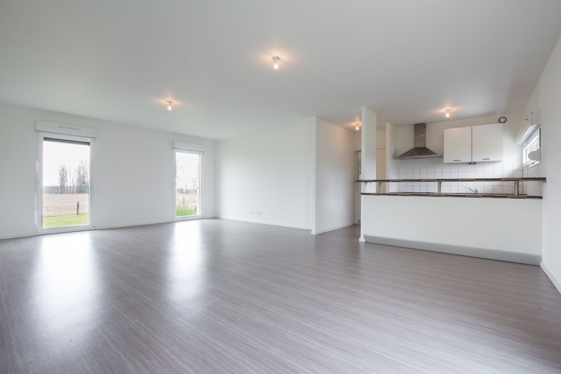 Espace de vie moderne vide, avec sol gris, murs blancs, et petite cuisine visible.