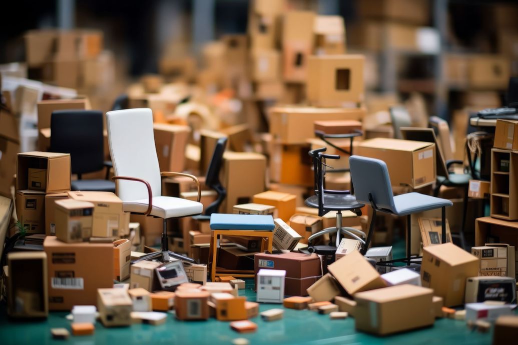 Des boîtes en carton miniatures et des chaises de bureau disposées en un tas chaotique sur une surface verte.