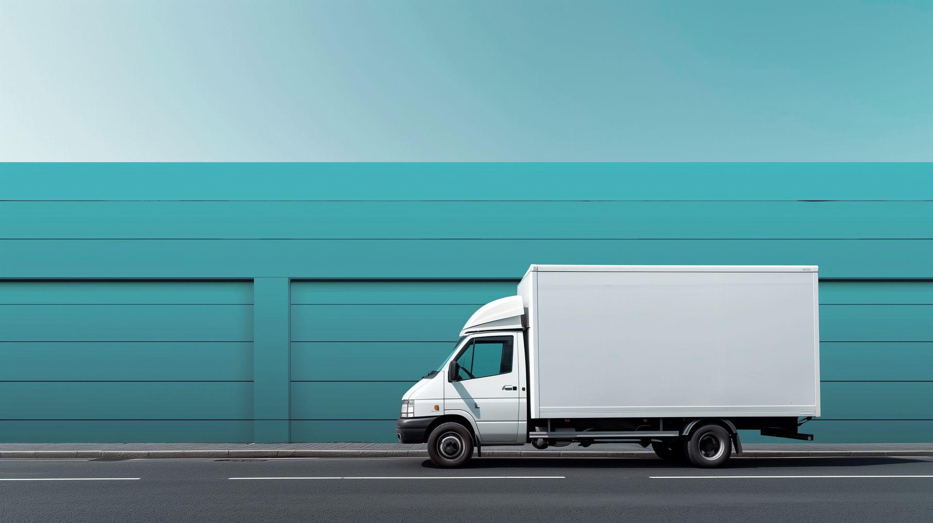 Camion de livraison blanc circulant sur la route devant un mur turquoise.