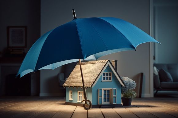 Paraguas azul que protege una casa azul en miniatura.