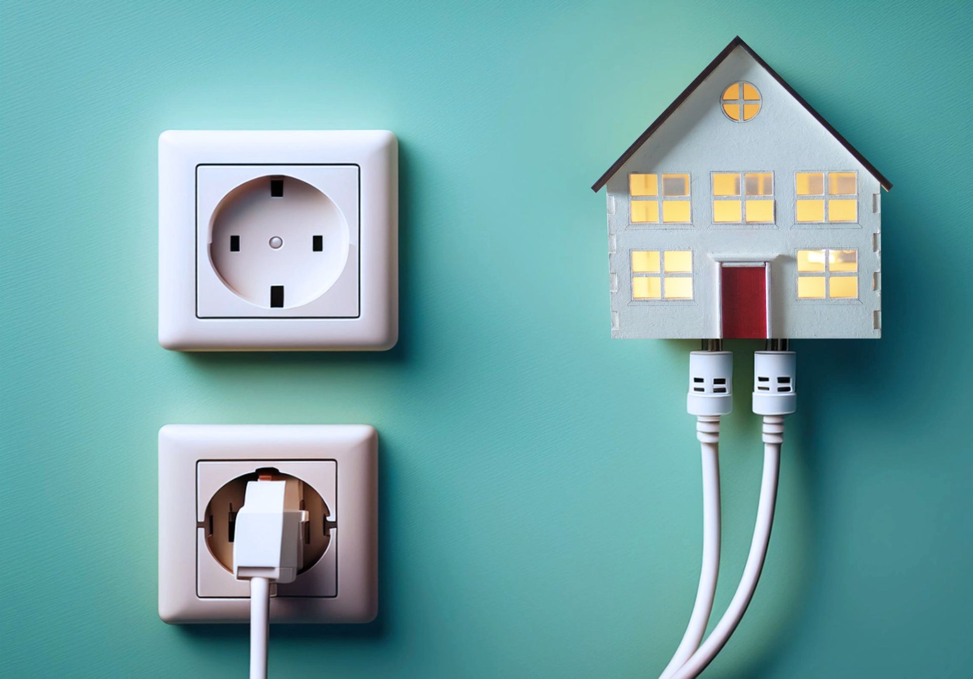 Dos enchufes en una pared verde azulado, uno con enchufe. Una pequeña maqueta de casa está conectada mediante cables.