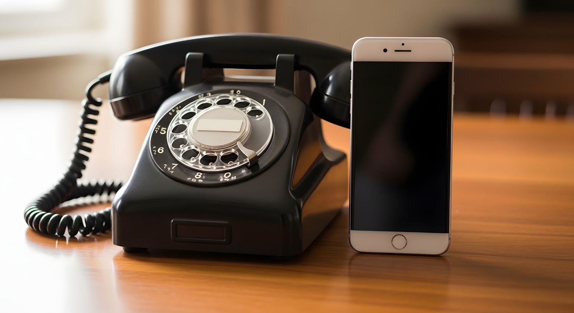 Teléfono de disco negro y un teléfono inteligente blanco sobre una superficie de madera.