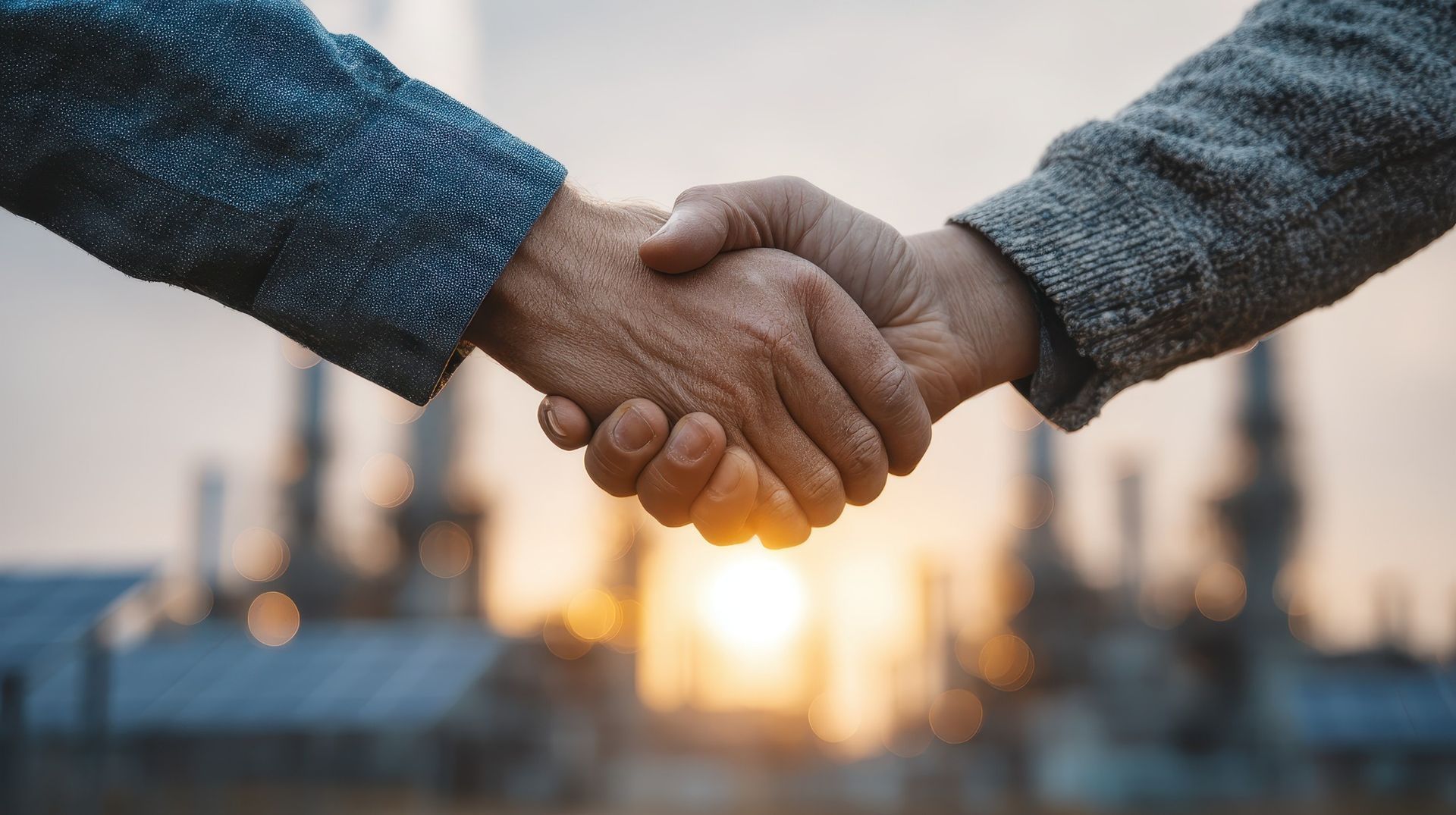 Dos personas dándose la mano, fondo industrial borroso.