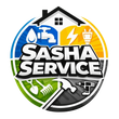 Logotipo de Sasha Service con iconos de fontaner&iacute;a, electricidad, jardiner&iacute;a y herramientas dentro de un c&iacute;rculo